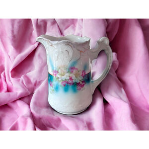 Shabby Chic Floral Pitcher White and Teal Vintage Pitcher Otnate Antique Pitcher